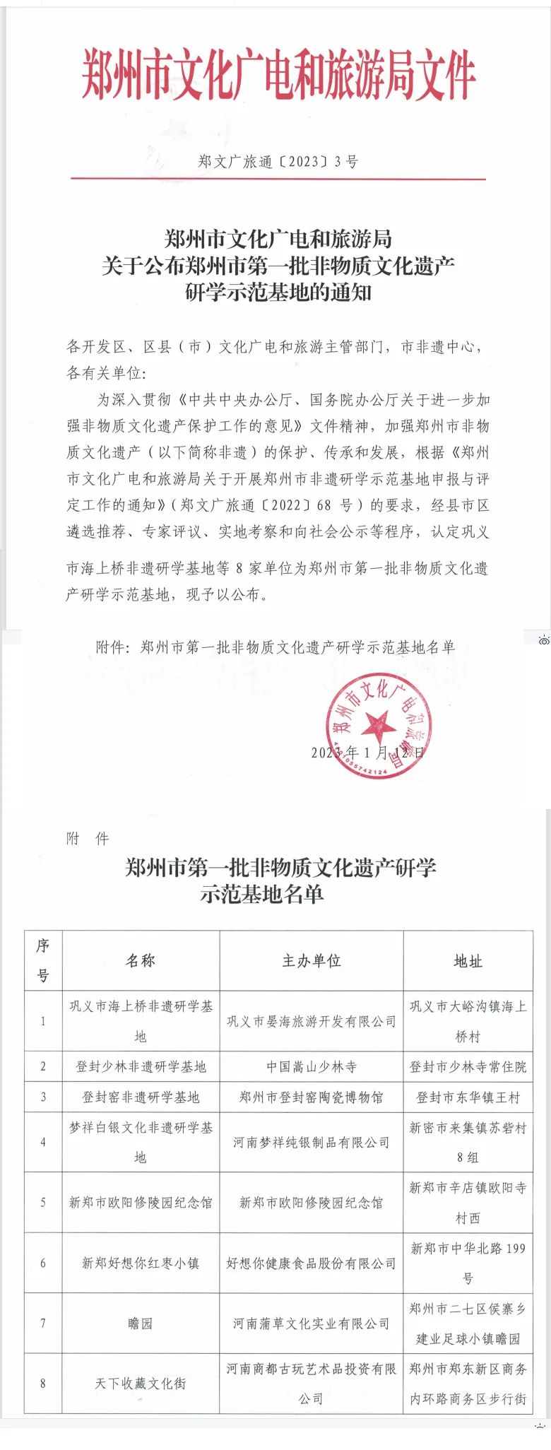 2023年1月12日-郑州市文化广电和旅游局授予天下收藏文化街 “郑州市非物质文化遗产研学示范基地”(图1)